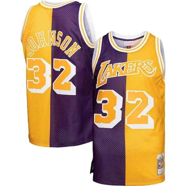 Stupendo Lussuoso Magic Johnson Los Angeles Lakers Big & Tall Hardwood Classics 1984/85 Split Swingman Jersey Purple/Gold
