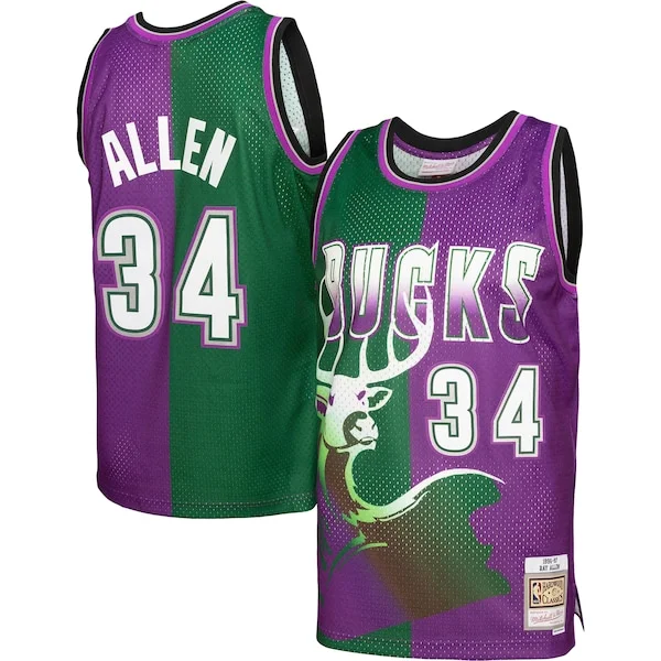 Attraente Incantevole Bellissimo Ray Allen Milwaukee Bucks Hardwood Classics 1996/97 Split Swingman Jersey Green/Purple